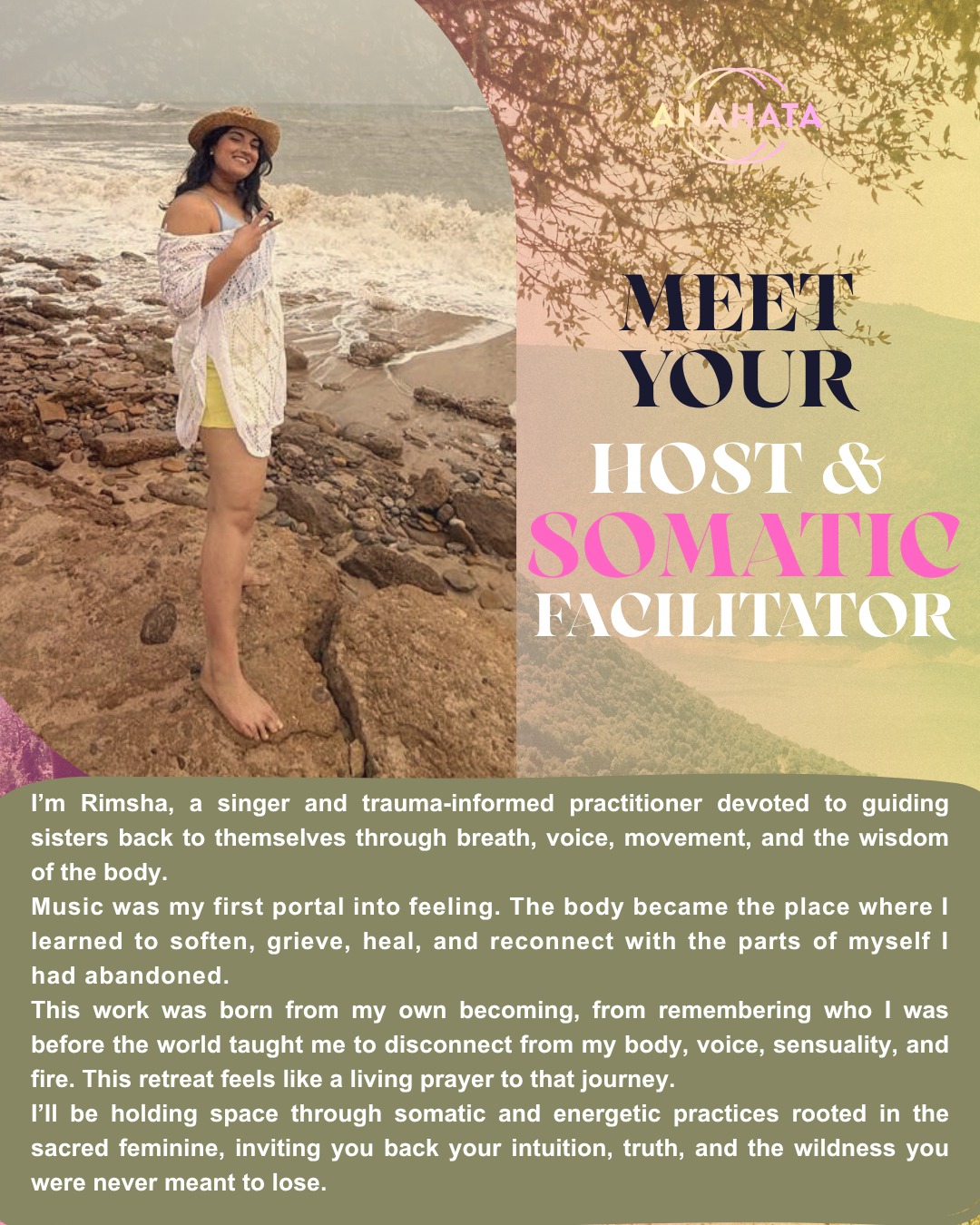 Meet Rimsha — host and somatic facilitator. Singer and trauma-informed practitioner guiding through breath, voice and movement.